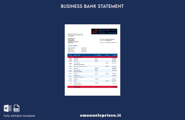 modello di modello Word e PDF dell'estratto conto della società Gulf Bank in sti